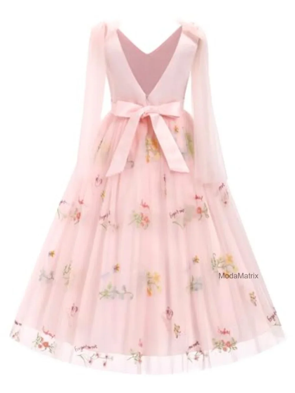 Flower Girl Tulle Maxi Dress with Floral Embroidery and Back Zipper for Wedding